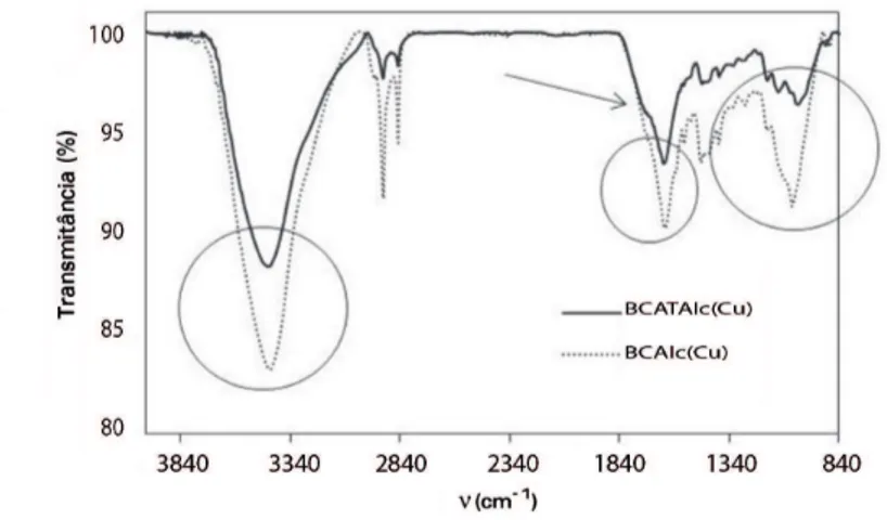 Figura  3.17  –  Espectro  infravermelho  da  amostra  modiicada  BCATAlc  (Cu)  após  adsorção de Cu 2+  comparada, quanto à intensidade das bandas, com a amostra BCalc  (Cu)