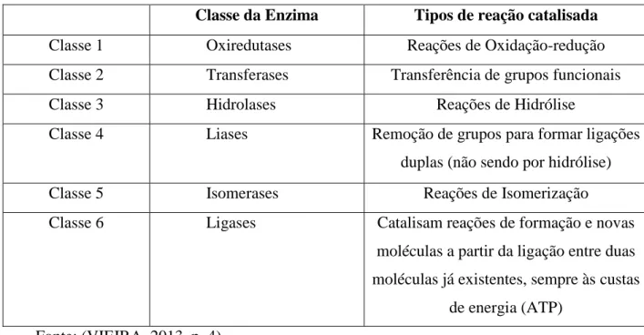 Tabela 2.1: Classificação das enzimas e os tipos de reações em que catalisam. 