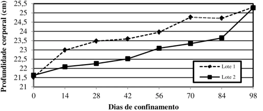 Figura  5.  Profundidade  corporal  (cm)  dos  cordeiros  da  Fazenda  Guaiuba,  durante  o  período de terminação em confinamento, de acordo com os grupos de abate