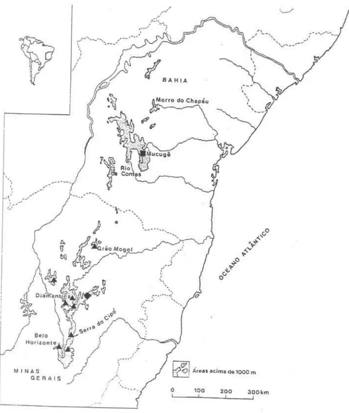 Figura  I.  Mapa da Cadeia do Espinhaço, Brasil, mostrando a dislIibuição geográfica de algumas espécies: 