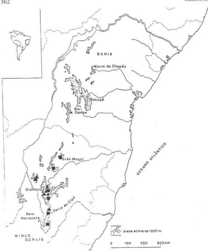 Figura 42. Mapa da Cadeia do Espinhaço, Brasil, mostrando a distribuição geográfica de algumas espécies: 