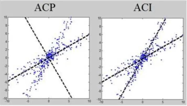 Figura 10 – Comparação entre a ACP e a ACI. Na ACP as componentes são ortogonais e no ACI são independentes.
