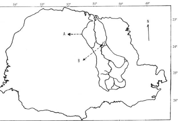Figura  I.  Mapa do  Estado do Paraná.  A- Contorno da Bacia do  Rio  Tibagi;  B- Área de trabalho  na  Fazenda Bom Sucesso - Município de  Sapopemba - PRo 