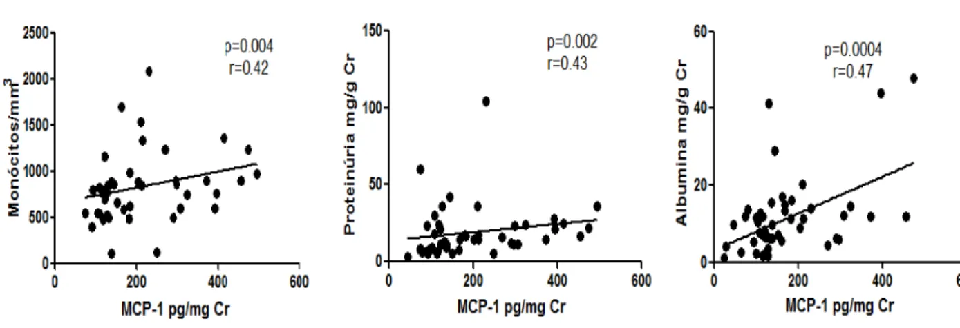 Figura 7: Correlação entre concentrações de MCP-1 e os parâmetros contagem de monócitos,  proteinúria e albuminúria