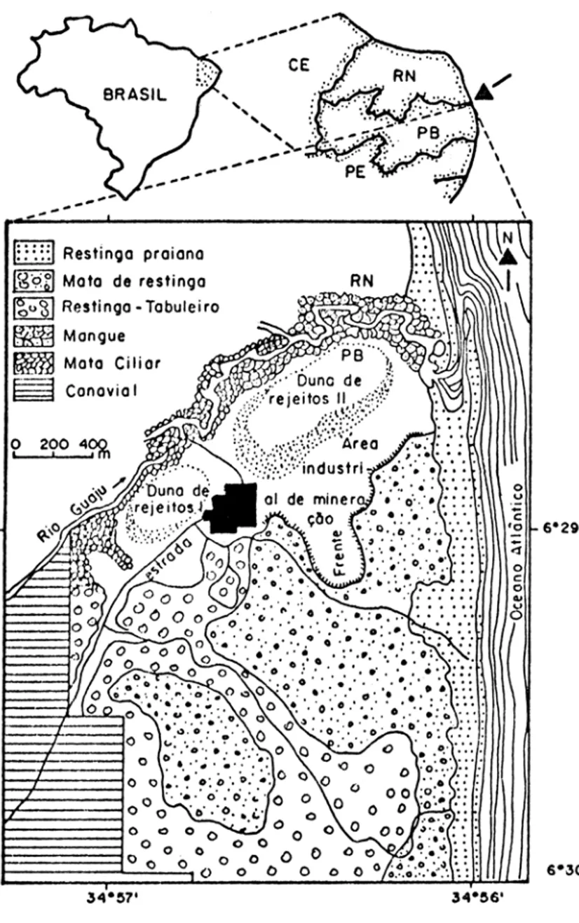 Figura  1  .  Localização  da  área  de  mineração  da  Rutilo  &amp;  llmenita  do  Brasil  (RIB)  e  da 