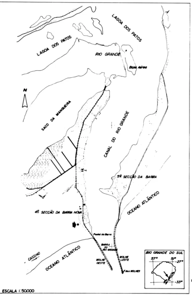 Figura 1  - Mapa  da  região  de  coletas.  Estuário  da  Lagoa  dos  Patos,  Rio  Grande,  Rio  Grande do  Sul.~*  Local de coletas