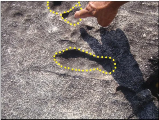 Figura 6: Seu Jairo mostrando as marcas na pedra, grifadas em amarelo, sobre a história da  Praia do Demo (Fonte: Acervo pessoal) 