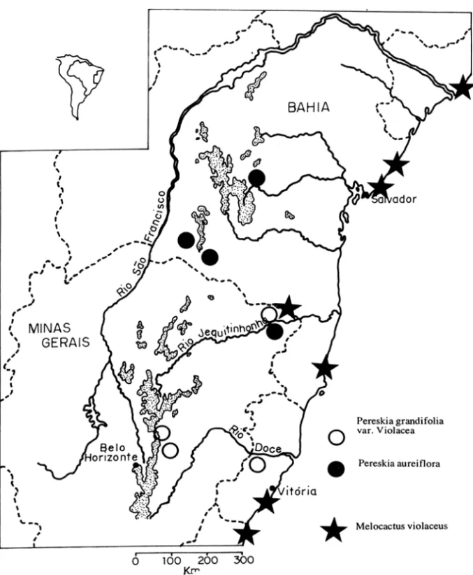 Figura 2  - Mapa da costa leste do Brasil. (adaptado de Giulietti et aI.,  1987), mostran- mostran-do os  táxons com distribuição disjunta no Brasil Oriental