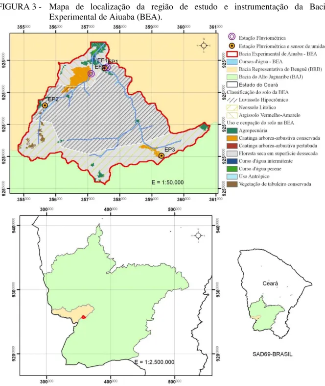 FIGURA 3 -  Mapa  de  localização  da  região  de  estudo  e  instrumentação  da  Bacia  Experimental de Aiuaba (BEA)