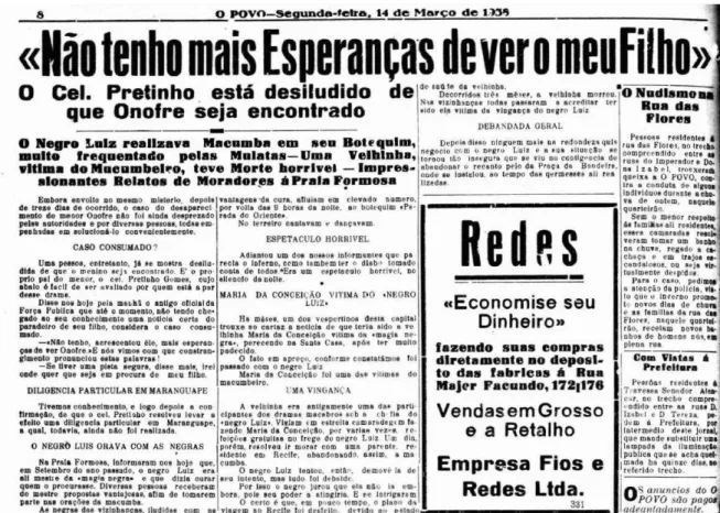 Figura 1: Manchete de 14 de março de 1938 do jornal  O Povo , de Fortaleza  –  Ceará. 