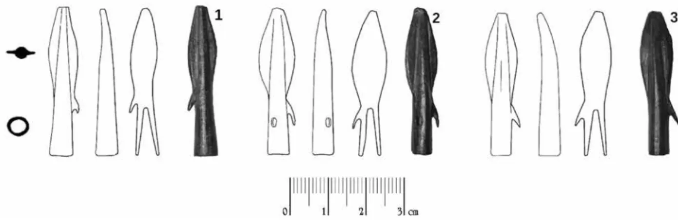 Fig. 4. Dimensions (cm) and weight (g) of the three socketed arrowheads.
