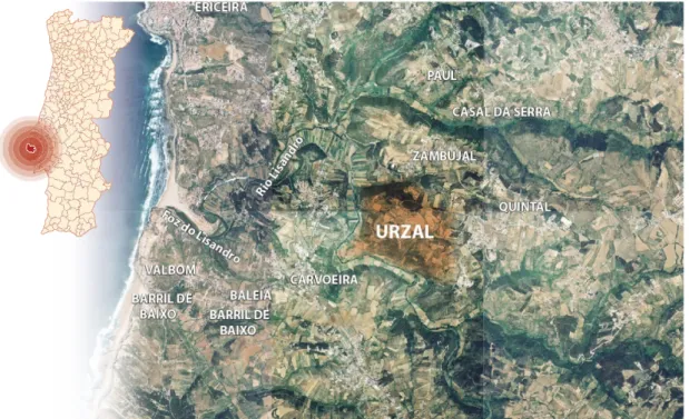 Figura 8 - Localização geográfica e ortofotomapa da zona de intervenção, Aldeia Urzal; Mapa base do Centro  Cartográfico da FAUL 