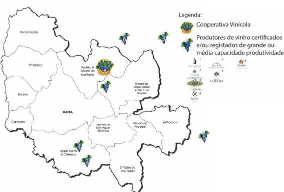 Figura 23 - Mapa das cooperativas vinícolas e produtores de vinho certificados do Concelho de Mafra 