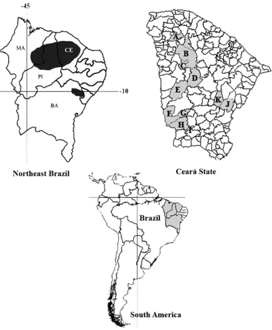 Fig. 1. Maps showing occurrence of coccidioidomycosis in Brazil. The disease is limited to the Northeast region, with endemic areas in the stats of Maranhão (MA), Piauí (PI), Ceará (CE), and Bahia (BA)