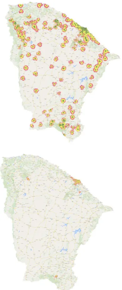 Figure 5: Coverage maps for the studied Brazilian operator. The colors represent different quality of services: green means good for router, modem, tablet, and