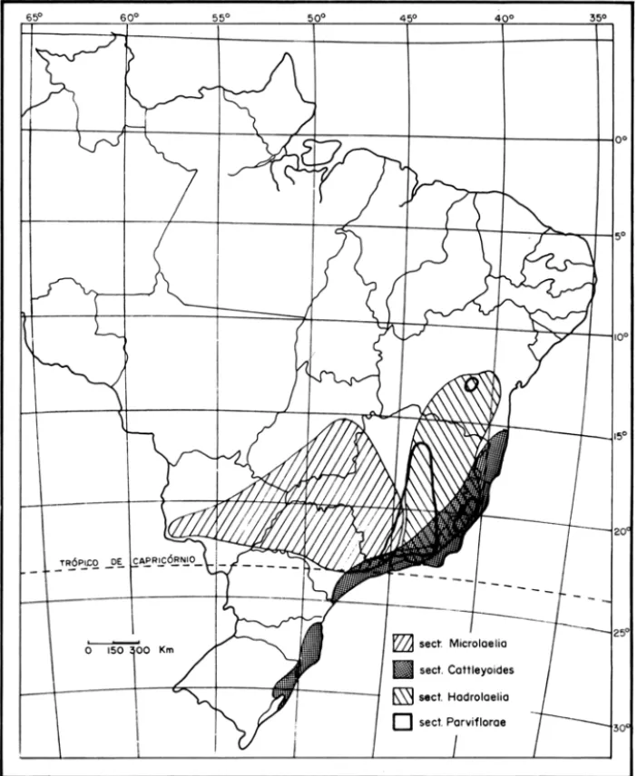 Figura  1  - Mapa mostrando  a  distribuição  geográfica generalizada  das  seções  brasi- brasi-leiras do gênero Laelia