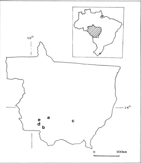 Fig.  I  - Mapa do Estado de Mato Grosso indicando os Municípios de coletas: a - Barra  do  Bugres; b - Cáceres; c - Chapada dos Guimarães; d - Porto esperedião; e - Quatro  Marcos