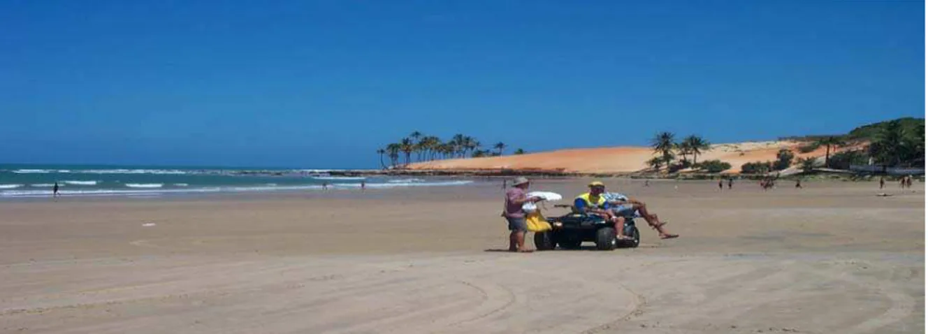 Figura 2 – Integração da praia, pós-praia, dunas e jangadas em Lagoinha e a presença de Quadricíclos  de veranistas e que já estão sendo alugados pelos turistas