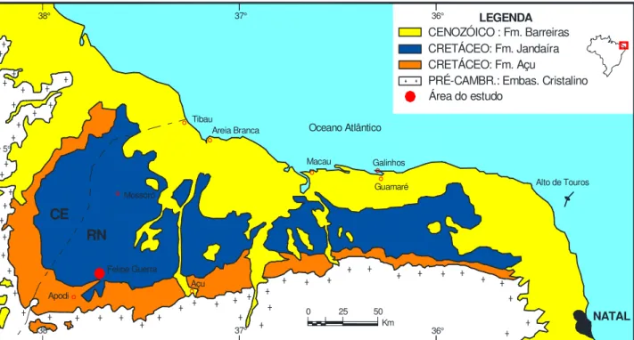 Figura 05 – Mapa geológico simplificado da Bacia Potiguar e área de estudo. 