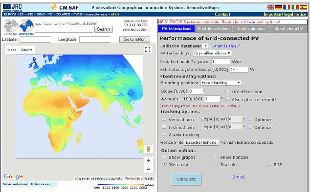 Figure 2.23 – Global horizontal radiation as presented by PVGIS database and its graphical user  interface (JRC EC, 2014)