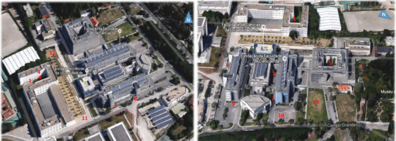 Figure 3.2 - Location of the 13 shooting places in FCUL campus. Points 1, 3 and 4 belong to a façade  (Freitas et al., 2016a)