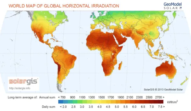 Figure 8 - Long-term average solar irradiation (source: http://solargis.info/)  In  PV  system  design  it  is  crucial  to  make  a  good  analysis  of  the  sunlight  available  at  a  particular  location  at  a  given  time