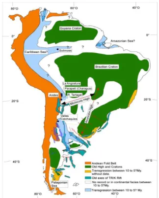 Figura  11.  Hipótese  de  transgressões  marinhas  Sul  Americanas  do  final  do  Mioceno  que  podem  estar  associada  ao  processo  de  diversificação  dos  clados  Sul  e  Centro-Sul  Americanos