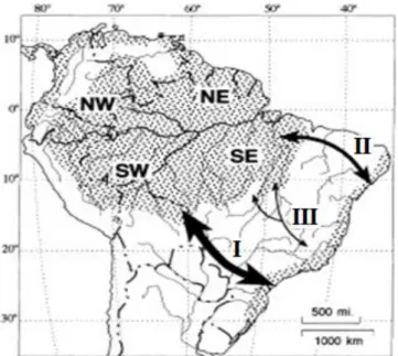 Figura  16.  Possíveis  rotas  de  dispersão  entre  a  Amazônia e Mata Atlântica (Por, 1992;  apud Costa,  2003)