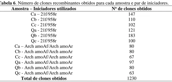 Tabela 6. Número de clones recombinantes obtidos para cada amostra e par de iniciadores