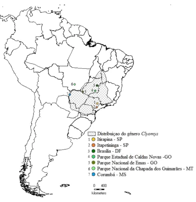 Figura 3: Mapa da América do Sul destacando a distribuição do gênero Clyomys registrada  na  International  Union  for  Conservation  of  Nature  and  Natural  Resources  (IUCN)  (região  rachurada) e os pontos de coleta de amostras utilizadas neste trabal