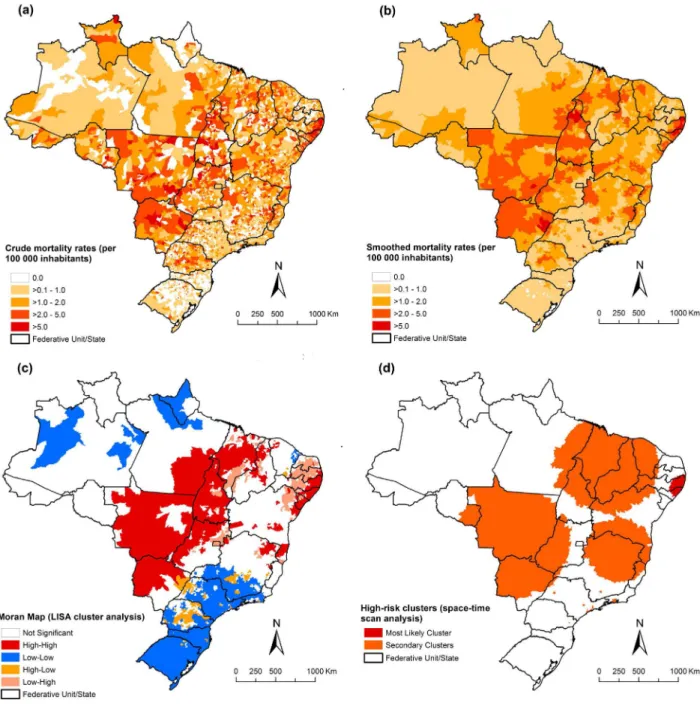 Fig. 4. Spatial distribution of NTD-related deaths excluding Chagas disease by municipalities of residence, Brazil, 2000–2011: a) average annual crude NTD-related mortality rates (per 100,000 inhabitants); (b) average annual Bayesian-smoothed NTD-related m