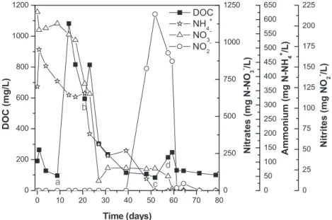 Fig. 10 e Evolution of total nitrogen, nitrate, nitrite, ammonium and DOC concentration during the denitrification/