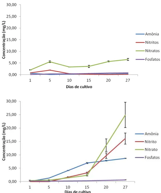 Figura 6  –  Curvas das concentrações de amônia, nitritos, nitratos e fosfatos  durante os cultivos dos  peixes em água clara e doce (CD), acima, e em água clara com salinidade 10 (CS), abaixo