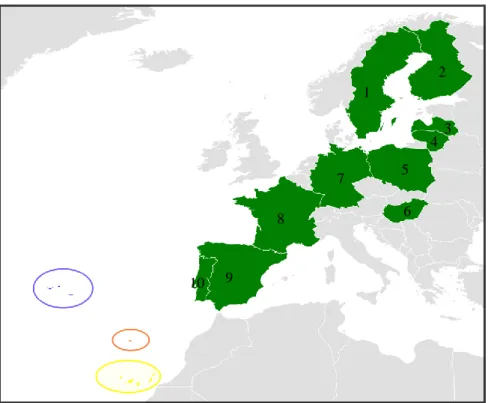 Figure 8: Sampling map of each species. Green: C. p. palumbus (Europe mainland – 1) Sweden, 2) Finland, 3)  Latvia,  4)  Lithuania,  5)  Poland,  6)  Hungary,  7)  Germany,  8)  France,  9)  Spain  and  10)  Portugal);  blue:  C