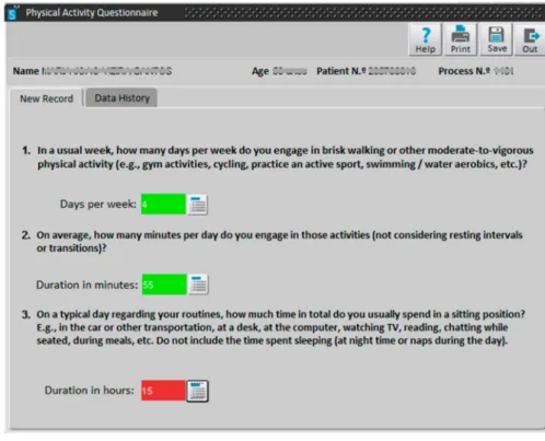 Figure 1. Physical activity brief assessment tool in the database/software “SClínico Cuidados de Saúde Primários”, with three questions.