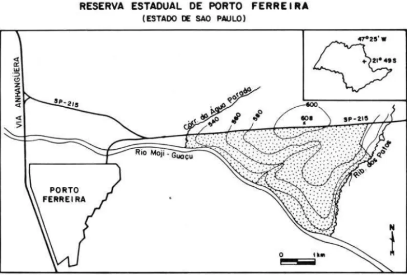 FIGURA  1  - PoIi;Io  cia  Reaerva  EltadUli  de  Porto  Ferreira  DO  Eatado  de  Silo Paulo e sua  localiza~o  na  repo, ba_cIa na folha topogrifica SF-23-V-C-V-3  de Pin~nunga  do mGE (1971)