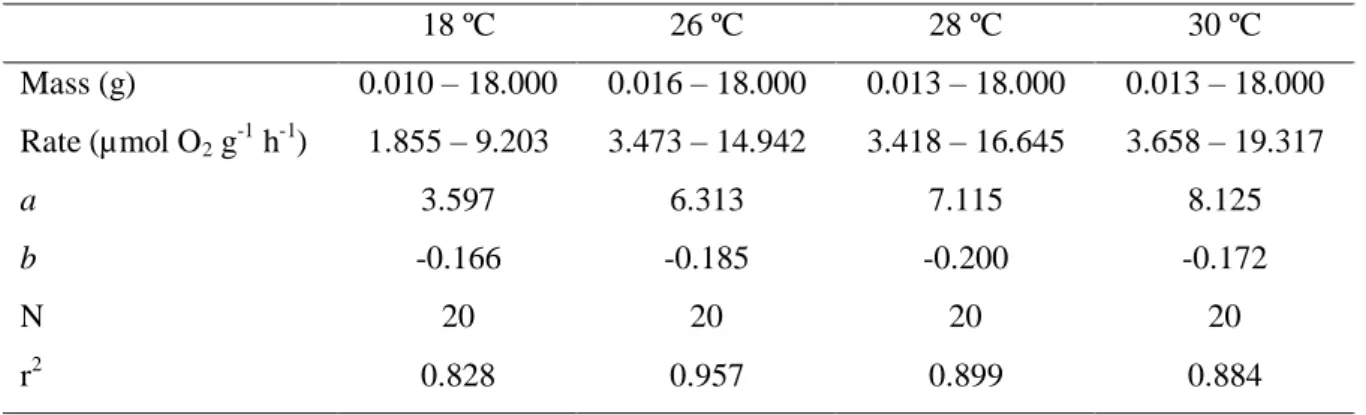Table I. Size range, mass-specific oxygen consumption rates (µmol O 2  g -1  h -1 ) at different temperatures  (18 ºC; 26 ºC; 28 ºC and 30 ºC) as a function of body size in Hippocampus guttulatus