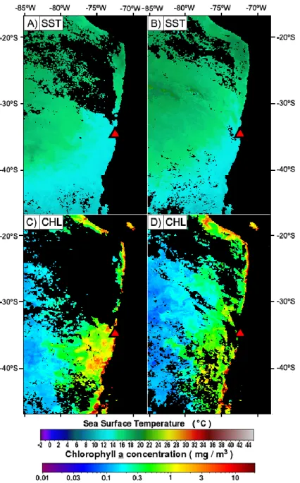 Figure  3.1:  SNPP  VIIRS  mean  sea  surface  temperature  (SST;  ºC)  and  chlorophyll  a  concentration  (CHL;  mg  m -3 )  in  the  Chilean coast on the weeks preceding the experiment (on the left: 9 th -16 th , on the right: 16 th -23 th  of October 2