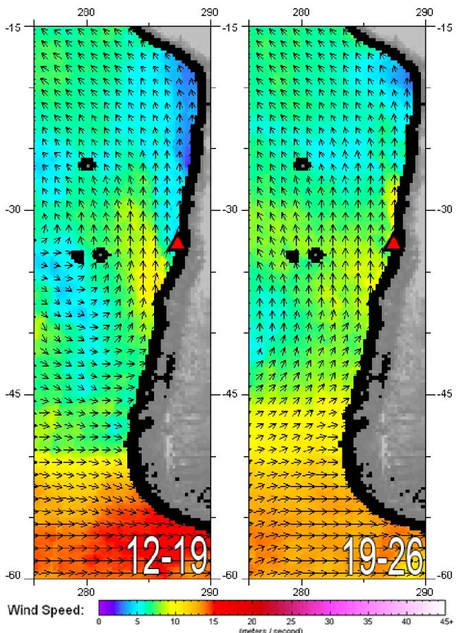 Figure 3.2: Mean WindSat wind vector direction and speed (ms -1 ) in the South-East Pacific on the weeks preceding the  experiment (12 th -19 th  and 19 th -26 th  of October 2013)
