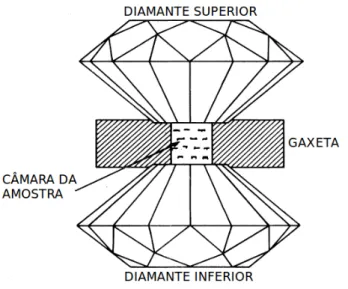 Figura 2.3: Detalhe da bigorna de diamante, gaxeta e amostra. Adaptac¸˜ao do original [41].