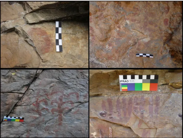 Figure 2 - Schematic art paintings. (top left: Pego da Rainha; top right: lapa dos Coelhos;  