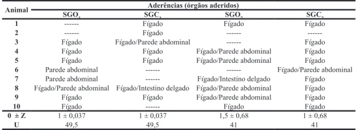 TABELA 1 –  Descrição da presença de aderências da superfície externa da gastrorrafia com a parede e órgãos intraperi-