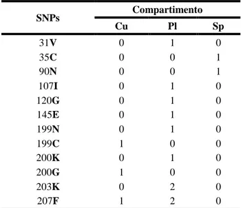 Tabela 8. Prevalência de SNPs e haplótipos no gene pfdhps SNPs / Haplótipos  N = 57  Prevalência %  436A  2  3,5  437G  56  98,2  540E  11  19,3  613T  4  7  Outras*  13  22,8  436/437G  2  3,5  436/437G/540E  0  0  436/437G/540E/613T  0  0  436/437G/540E/