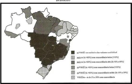 Figura 8 - Mapa com subsistemas dos pronomes de 2 a  pessoa “você” e “tu” no Português  Brasileiro   