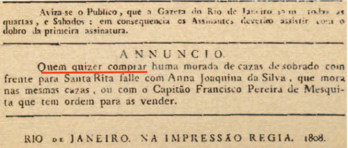 Figura 09 – Anúncio publicado na edição n o  2 do jornal Gazeta do Rio de Janeiro em 17 de setembro de  1808 34   