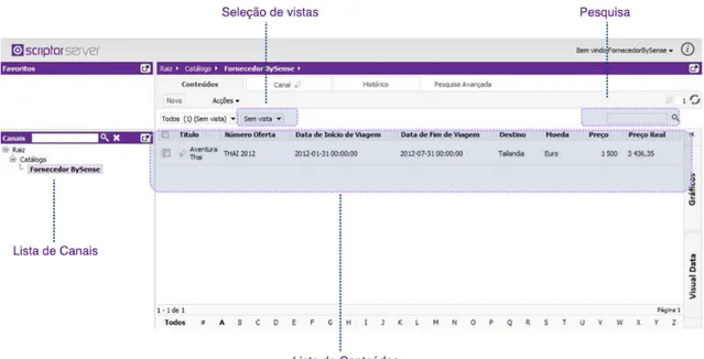 Figura 3.1: Interface Scriptor Server com a descri¸ c˜ ao de alguns componentes.