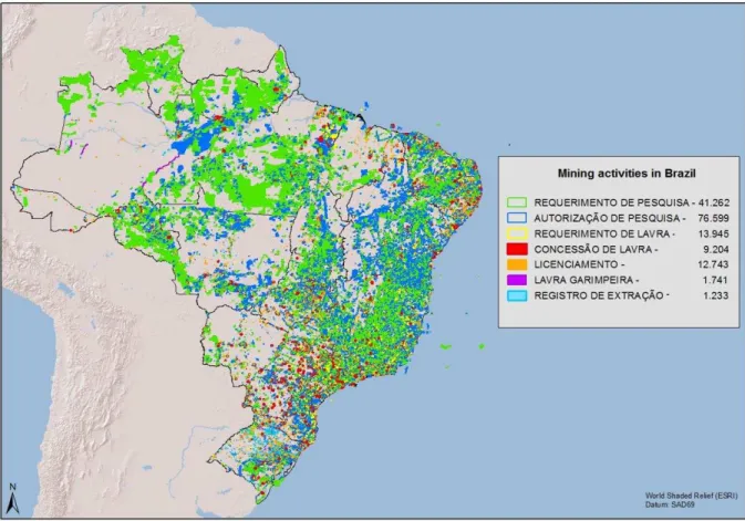 Figure  1.1.  Map  showing  mining  activities  in  Brazil  in  different  stages  of  development  (DNPM, 2015)