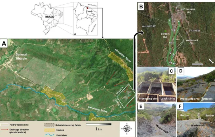Figure 3.1. (A) Location of study site, (B) soil sampling points and (C, D, E and F) mine  compartments