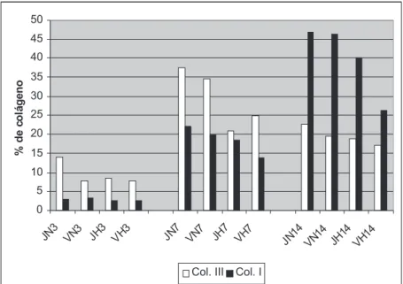 FIGURA 4 – Representação gráfica das médias da percentagem da área da cicatriz do plano peritônio-músculo-aponevrótico ocupada por colágeno nos 3 tempos estudados, nos 4 grupos (JN=jovens normais, VN=velhos normais, JH=jovens com hipotireoidismo, VH=velhos