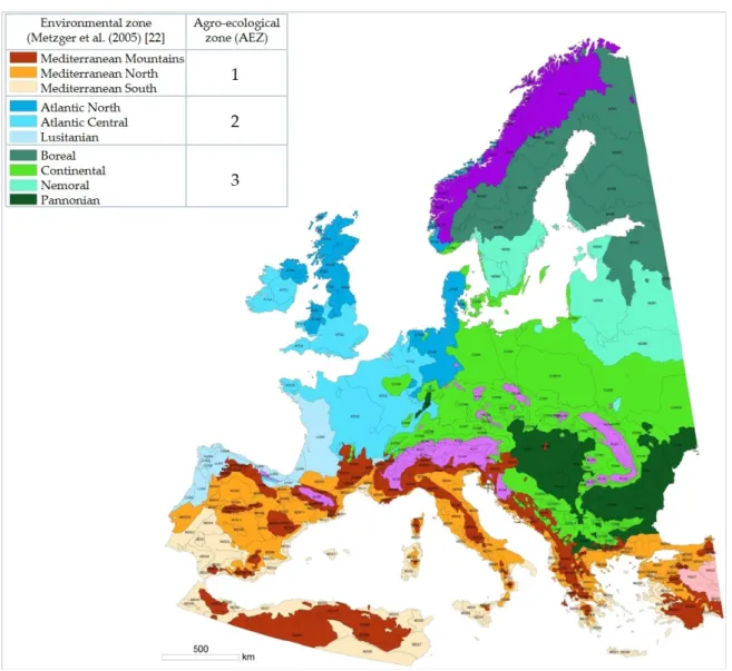Figure 3. Distribution of agro-ecological zones (AEZ) taken into consideration for the development of  marginal agricultural land low-input systems (MALLIS) for industrial crops across Europe (modified  from Reference [34])